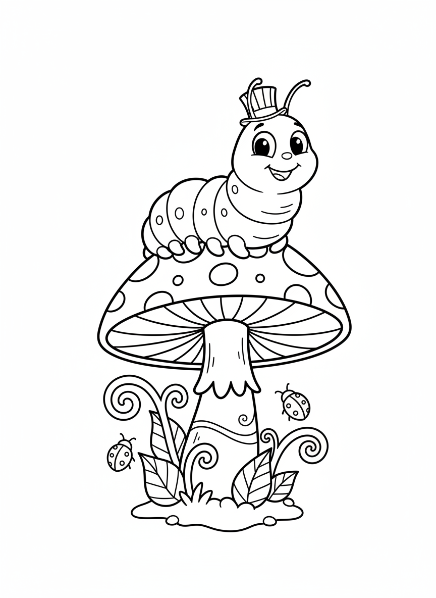 Happy Caterpillar on Mushroom Coloring Page