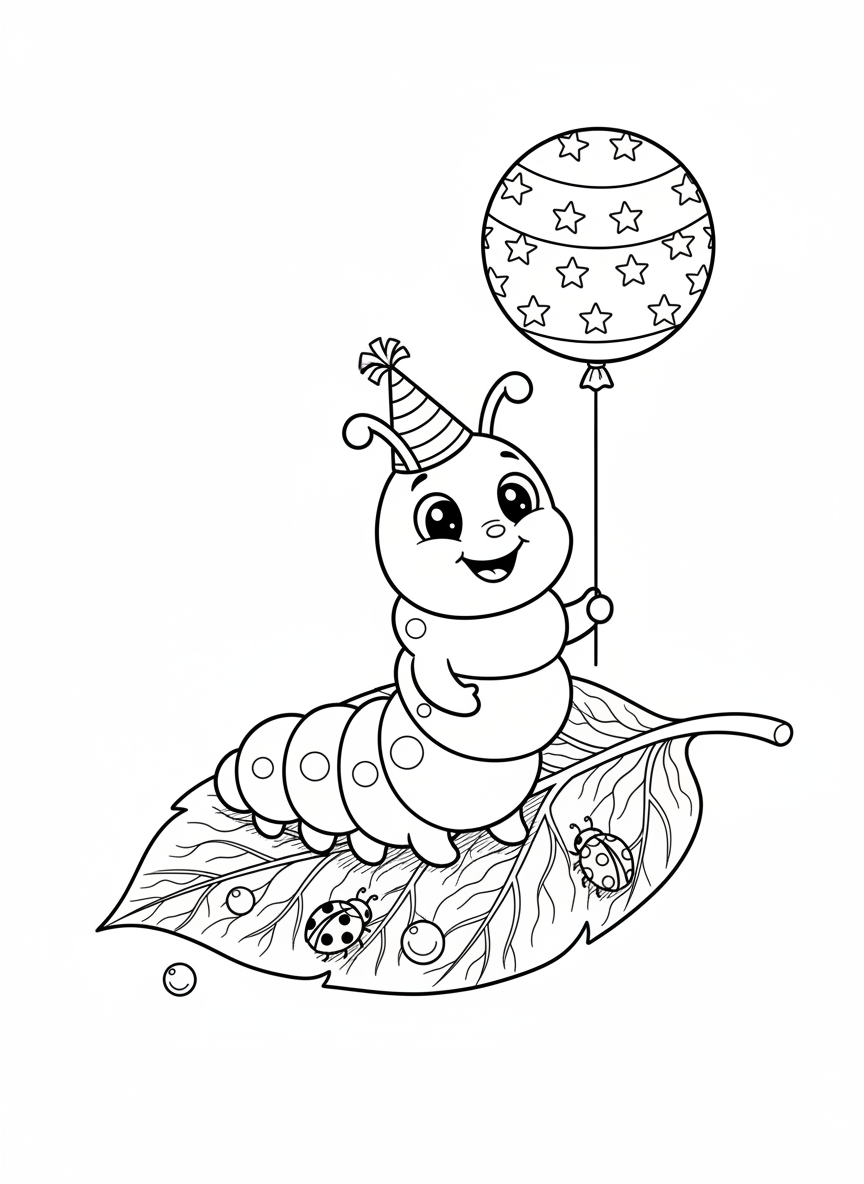 Happy Caterpillar Party Coloring Page