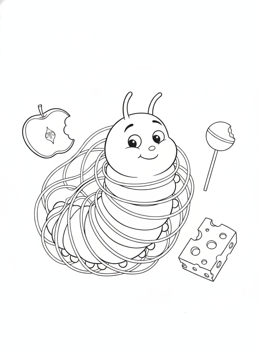 Happy Caterpillar Spinning Cocoon with Snacks Coloring Page