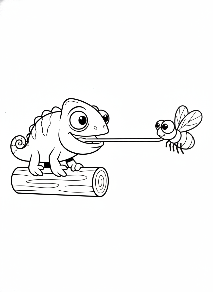 Happy Chameleon Catches a Fly Coloring Page for Kids