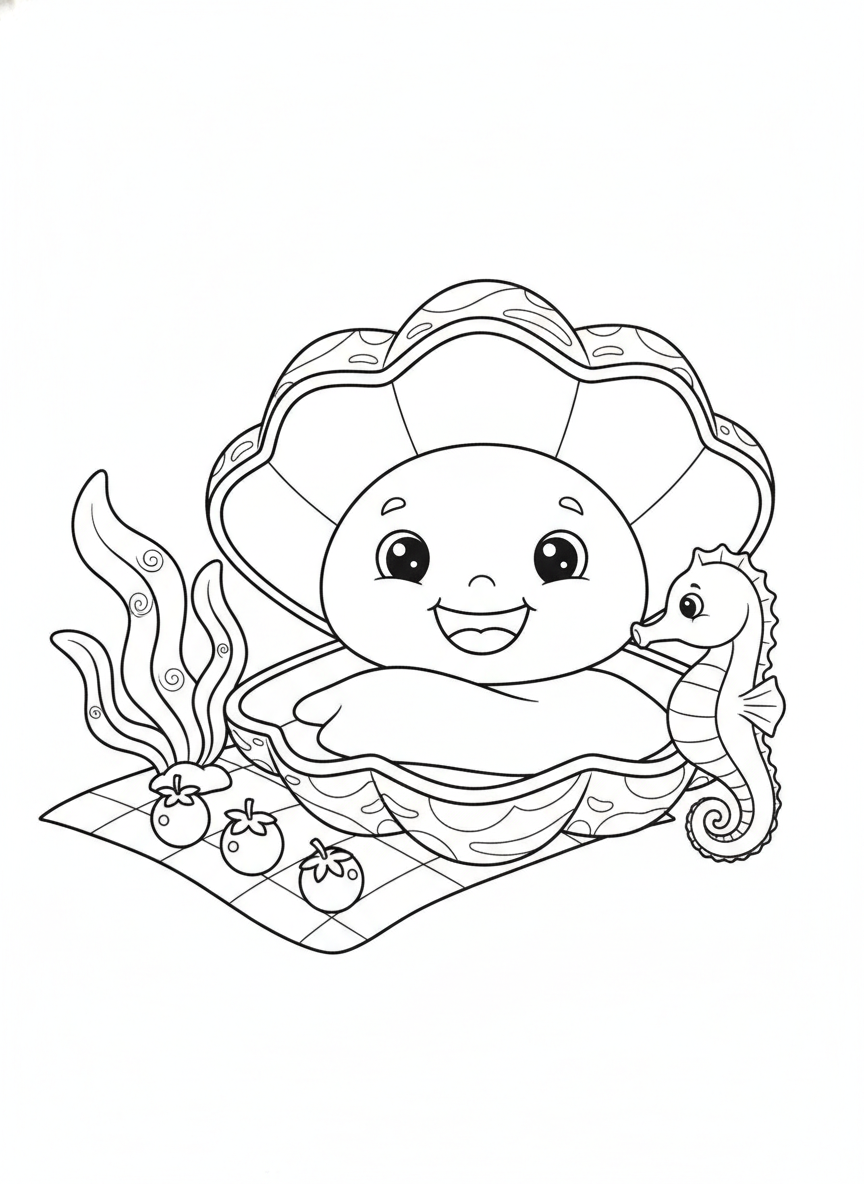 Happy Clam & Seahorse Underwater Picnic Coloring Page for Kids