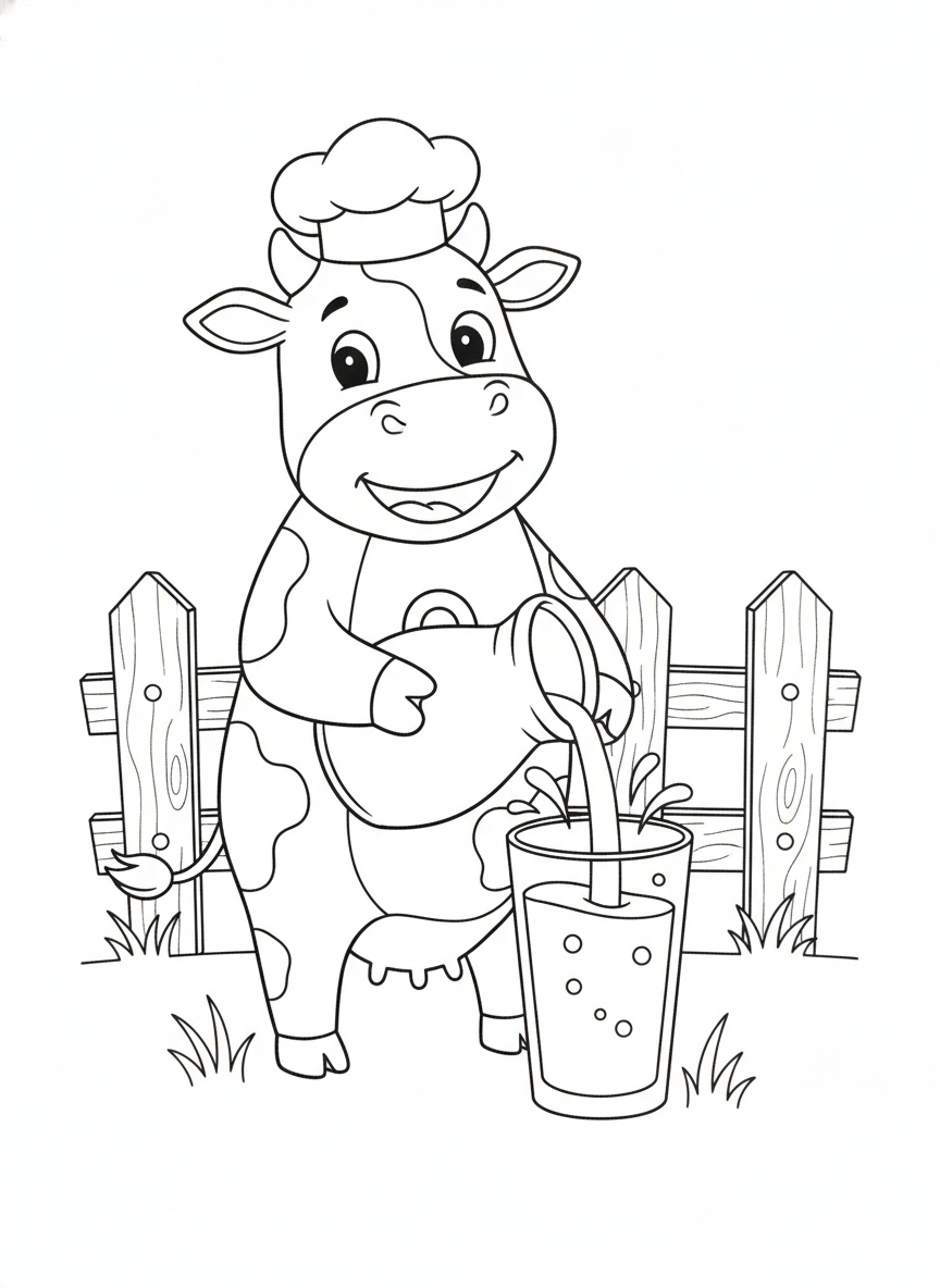 Happy Dairy Cow Chef Pouring Fresh Milk Coloring Page