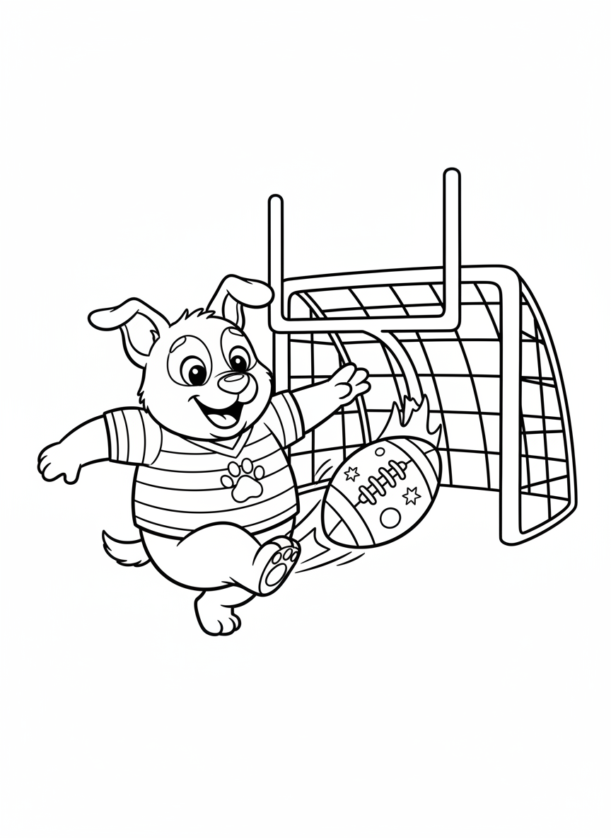 Happy Dog Playing Football Coloring Page for Kids