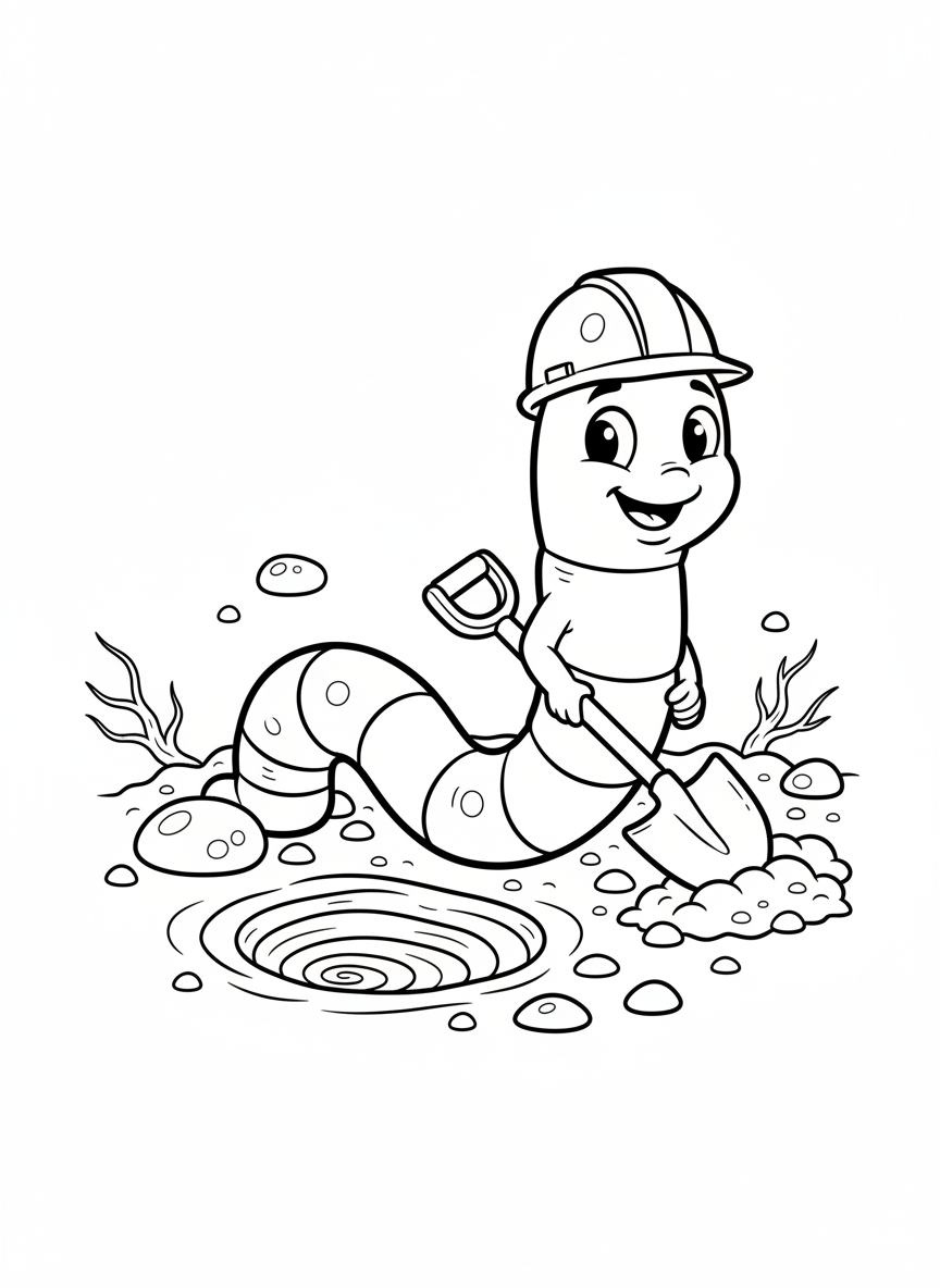 Happy Earthworm Digger Coloring Page