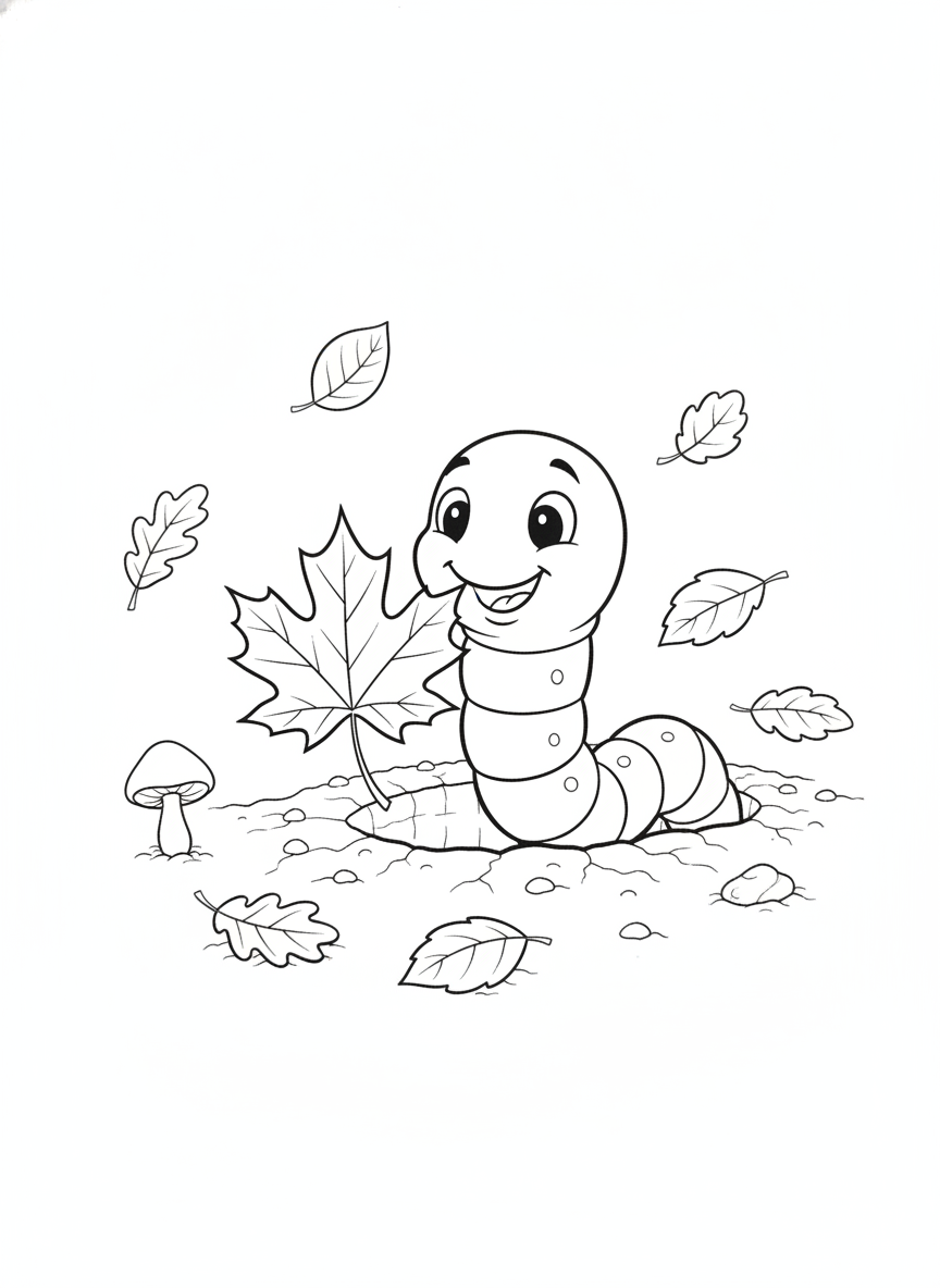 Happy Earthworm Pulling Autumn Leaf Coloring Page for Kids