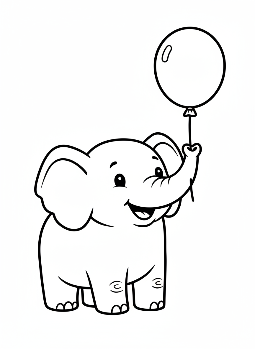 Happy Elephant with Balloon Coloring Page for Kids