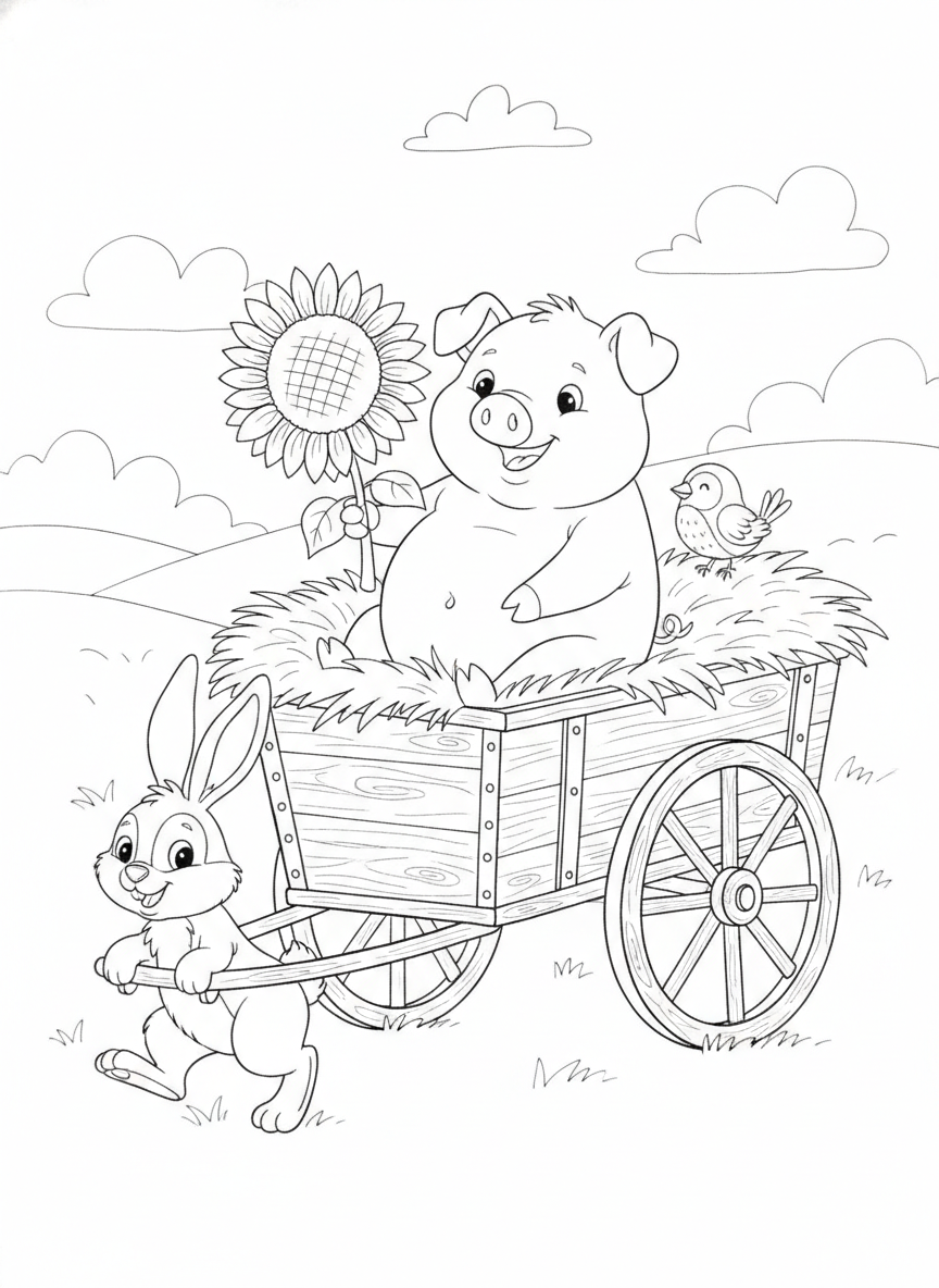 Happy Farm Friends: A Delightful Hay Cart Adventure Coloring Page
