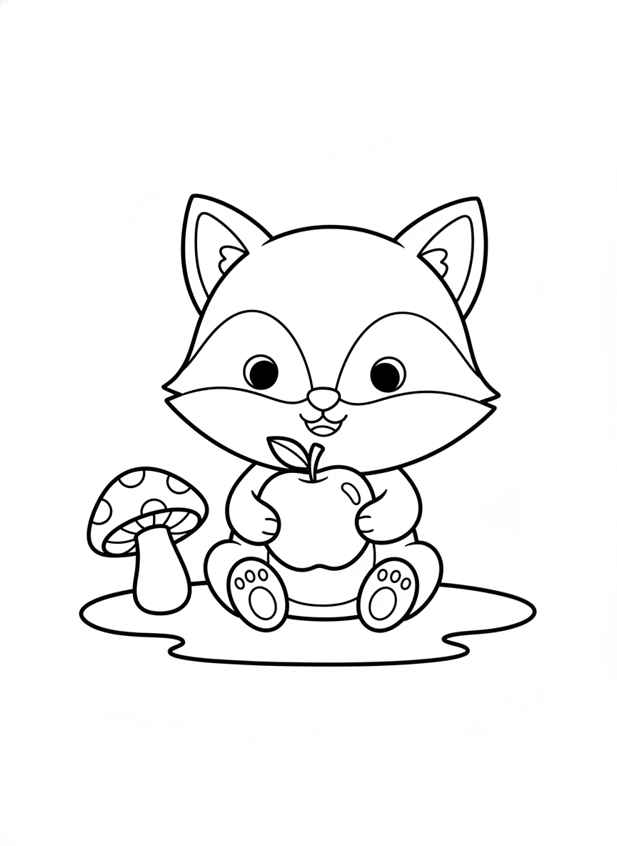 Happy Fox Cub with Apple Coloring Page for Kids