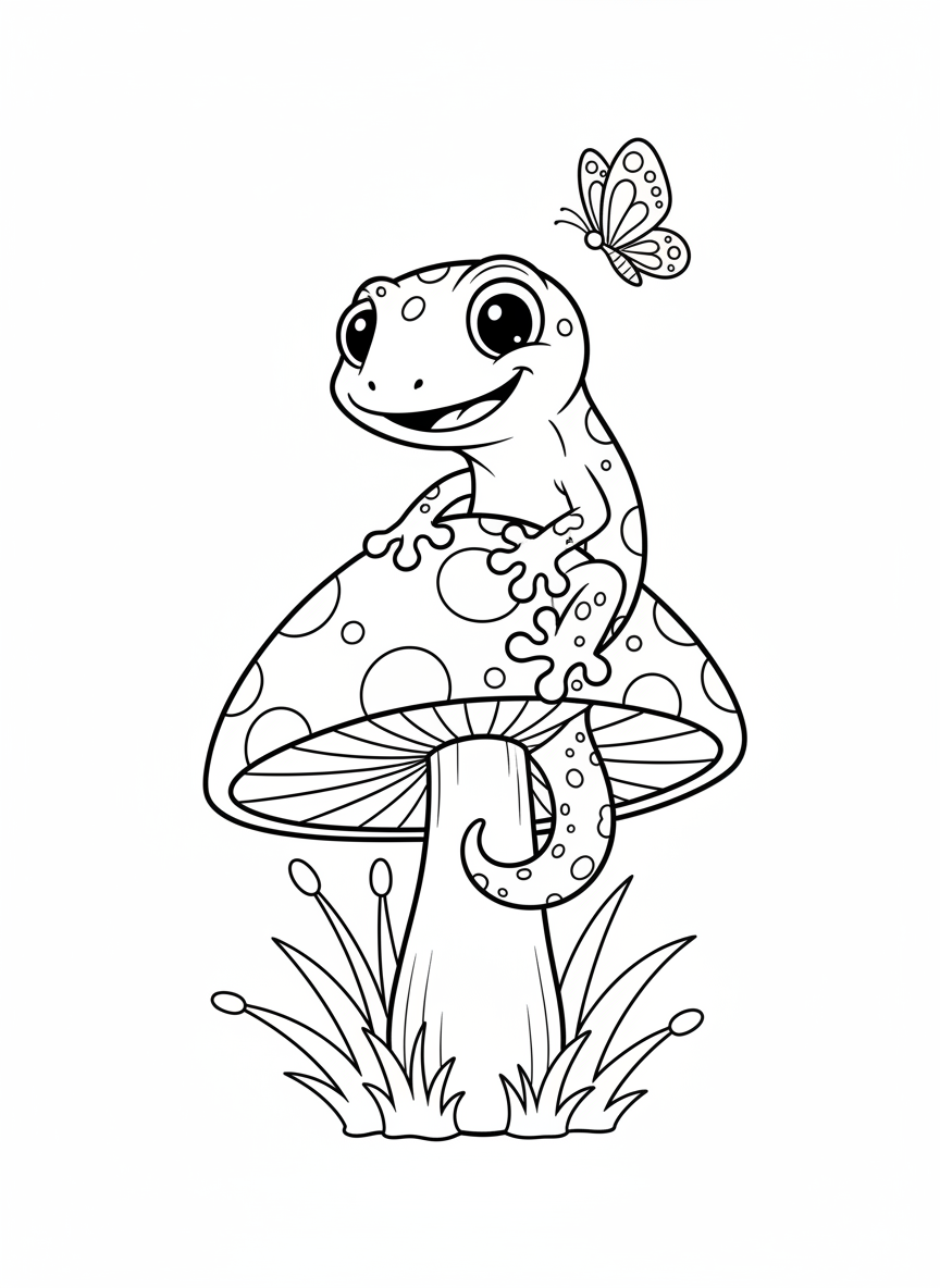 Happy Gecko on Whimsical Mushroom Coloring Page