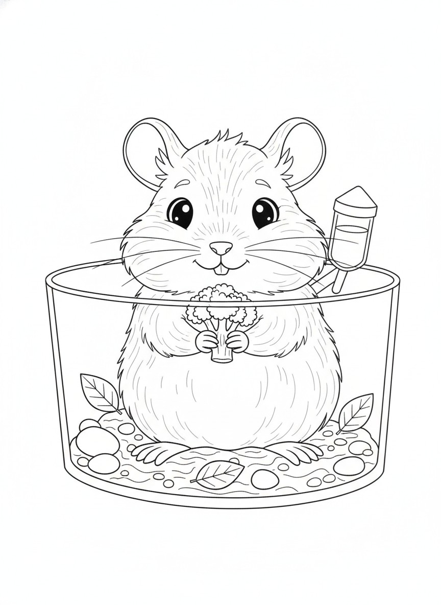 Happy Gerbil Munching Broccoli Coloring Page for Kids