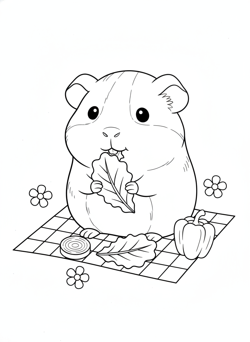 Happy Guinea Pig Picnic Coloring Page for Kids