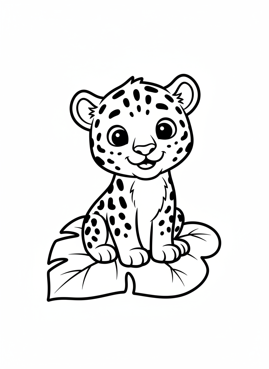 Happy Jaguar Cub on a Leaf Coloring Page