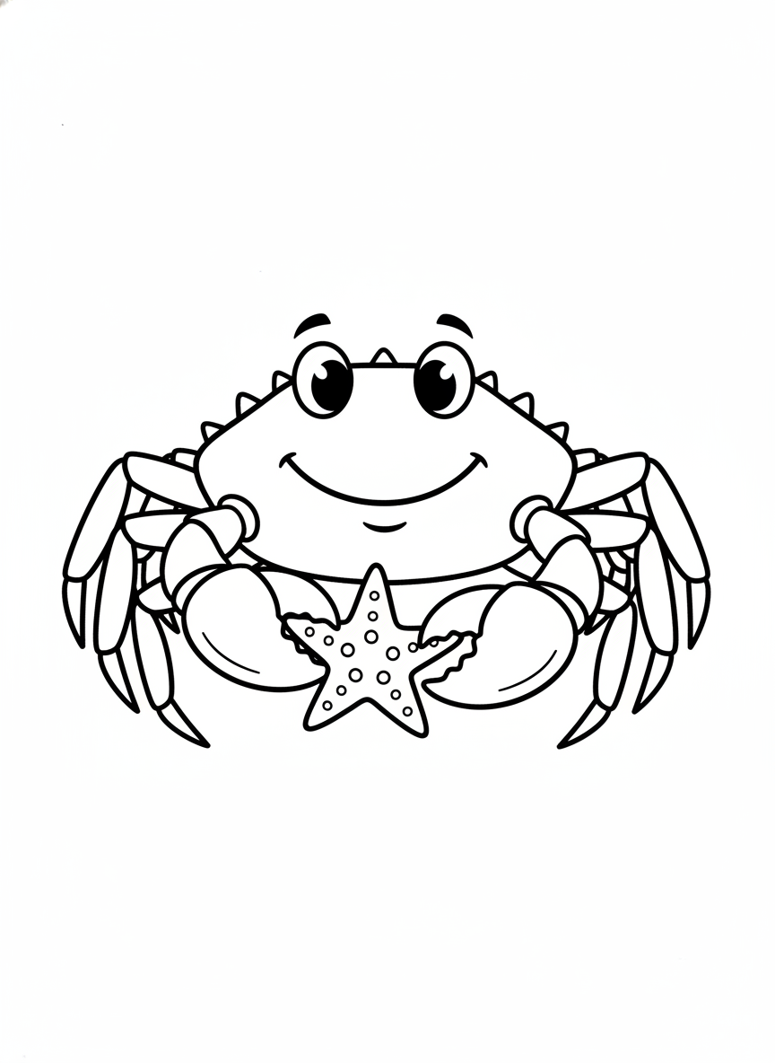 Happy King Crab with Starfish Coloring Page
