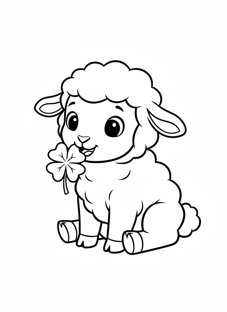 Happy Lamb Nibbling Clover Coloring Page for Kids