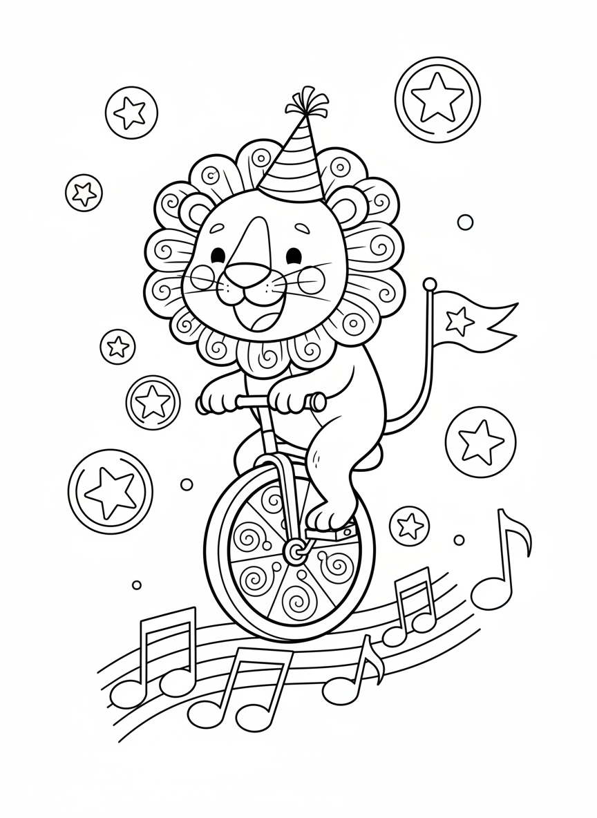 快樂獅子騎音樂獨輪車著色頁