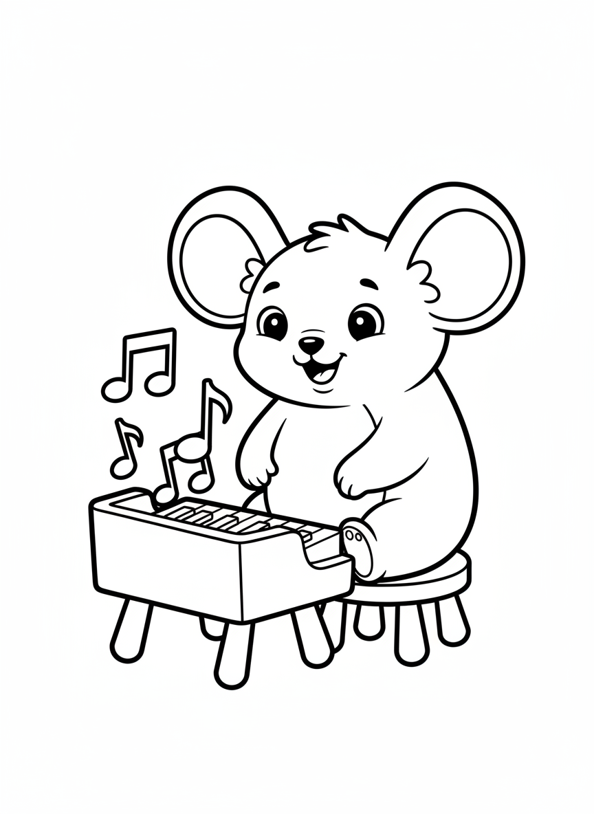 Happy Mouse Playing Toy Piano Coloring Page