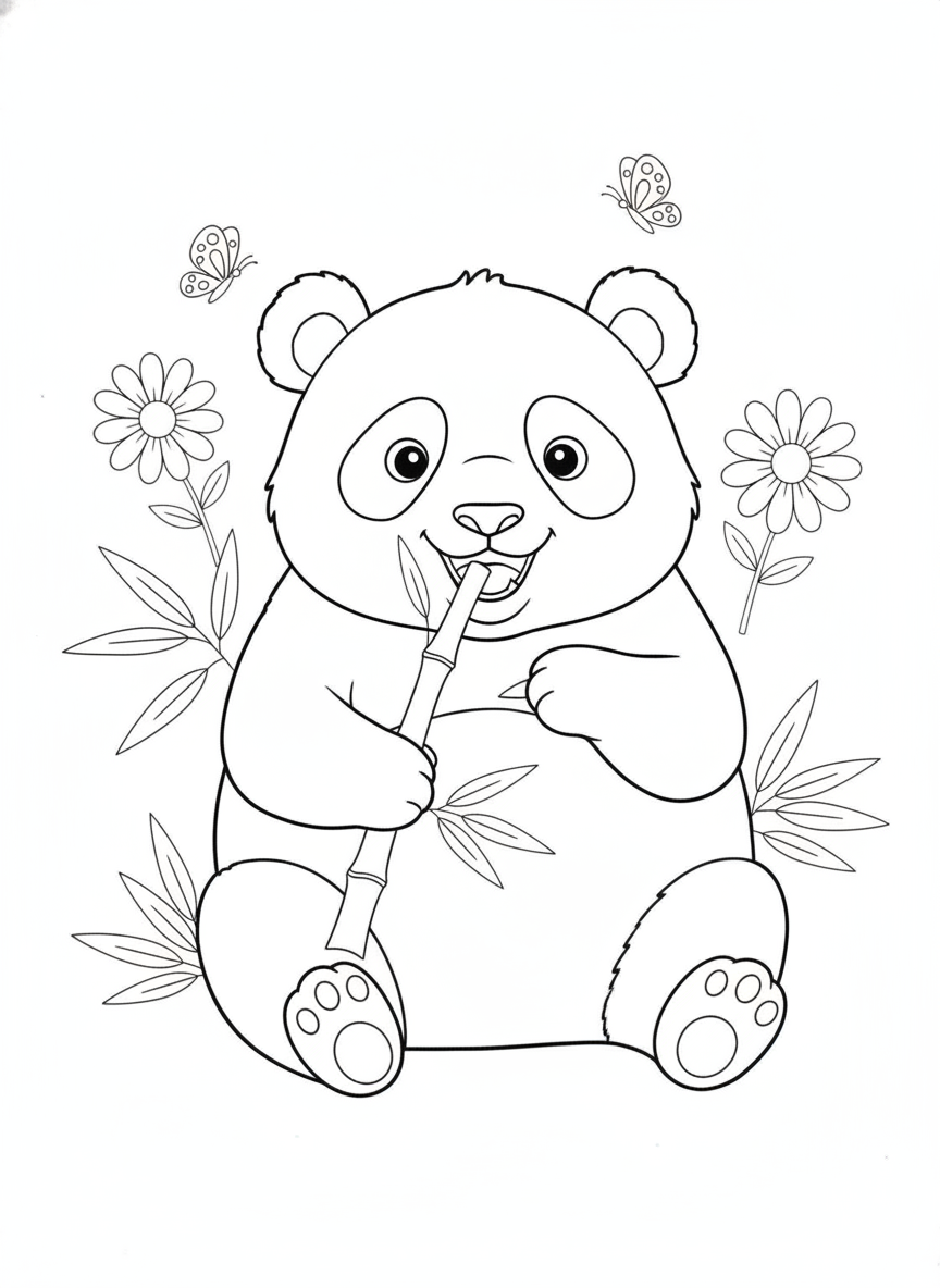 Happy Panda Eating Bamboo Coloring Page for Kids