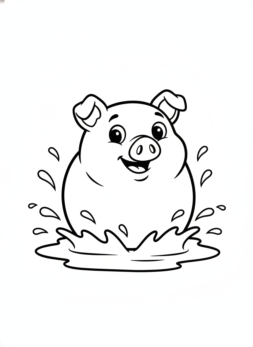Happy Pig Splashing in Mud Puddle Coloring Page for Kids