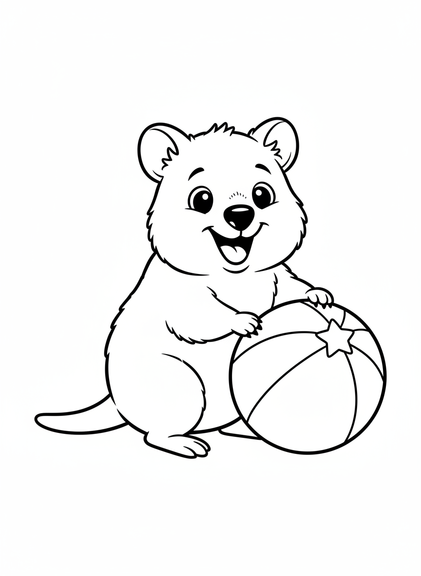 Happy Quokka with Bouncy Ball Coloring Page