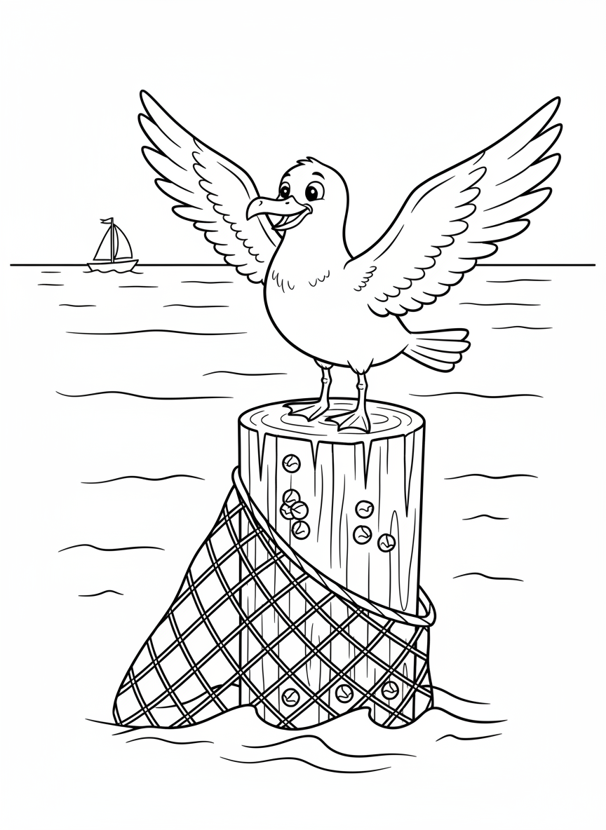Happy Seagull by the Ocean Coloring Page