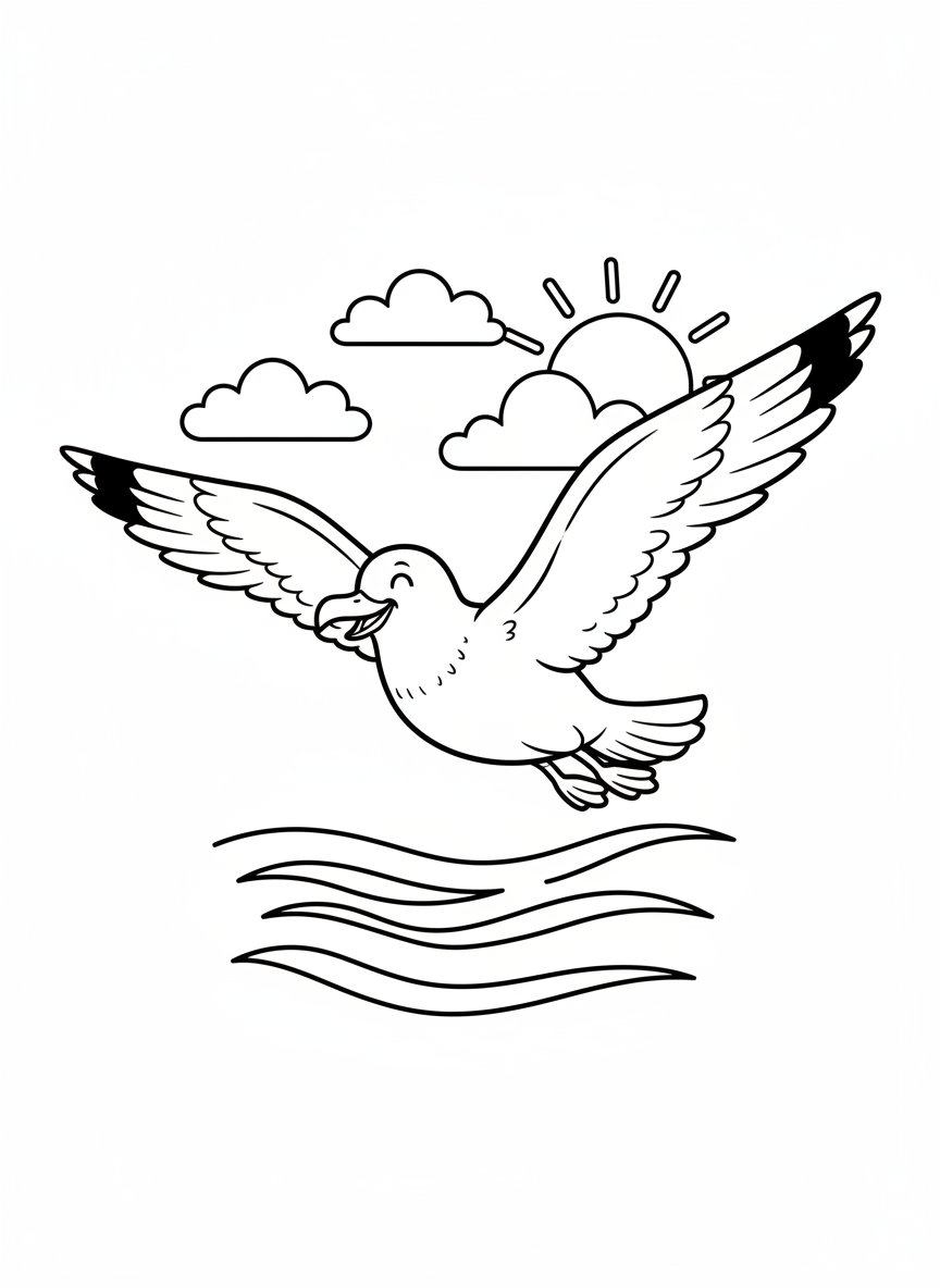 Happy Seagull Over Ocean Coloring Page for Kids