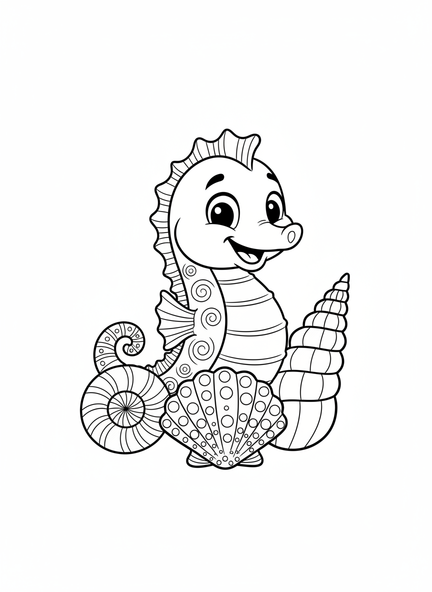 Happy Seahorse Hide-and-Seek Coloring Page