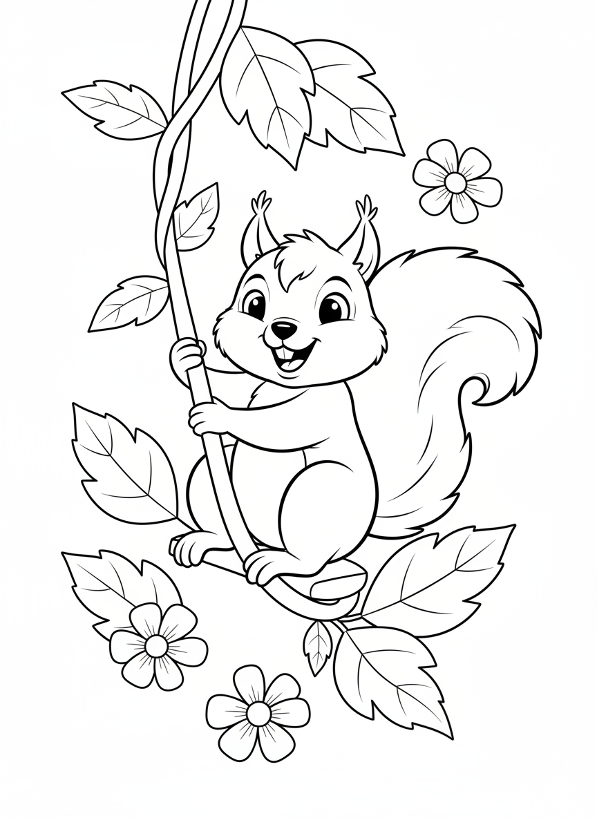Happy Squirrel Swinging Coloring Page