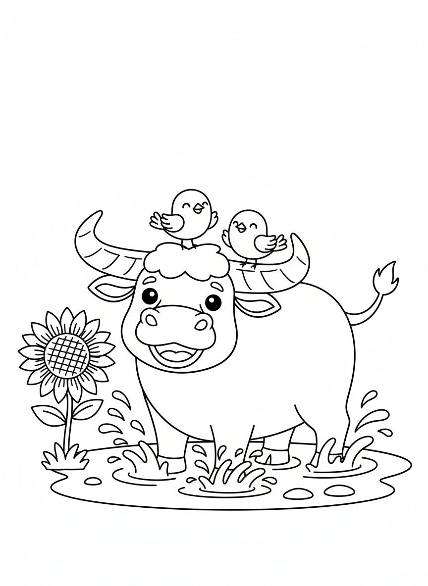 Happy Water Buffalo Splashing Coloring Page