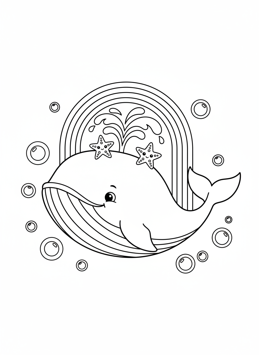 Happy Whale with Rainbow & Starfish Coloring Page