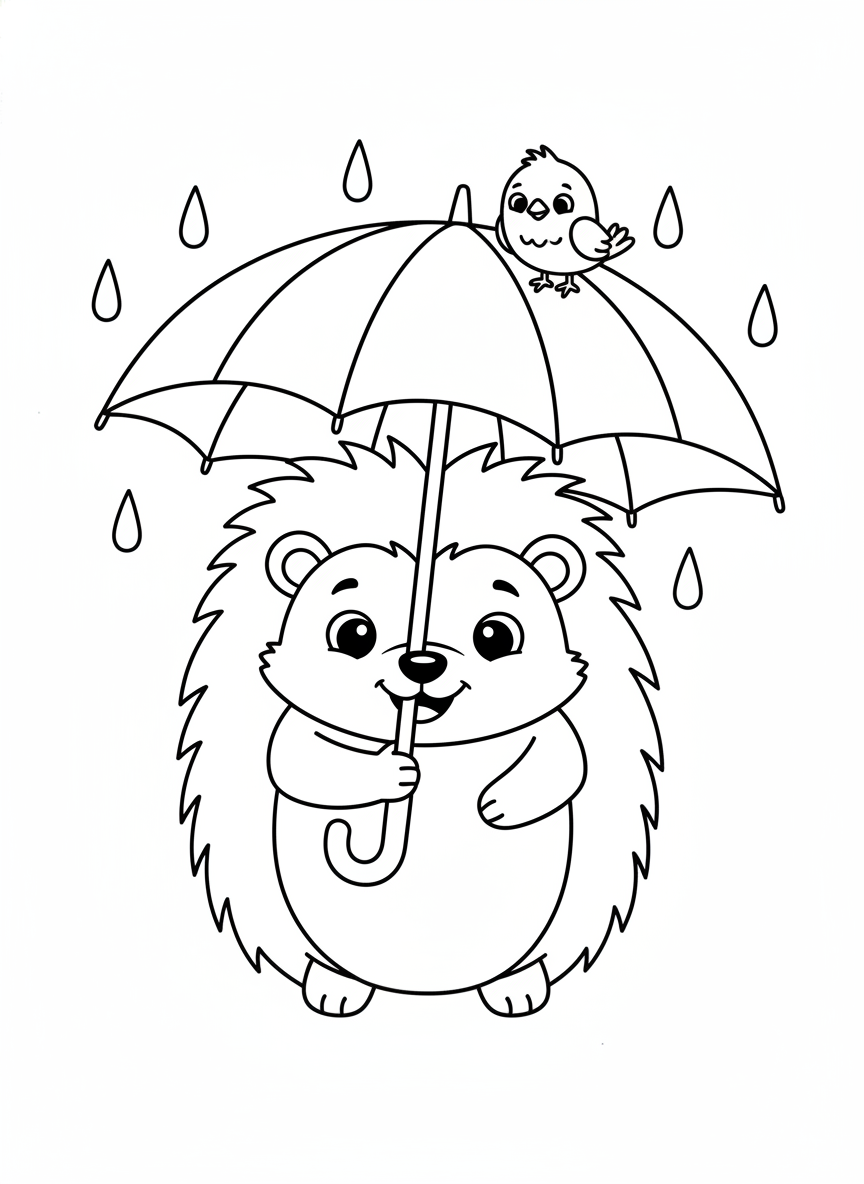 Hedgehog and Bird Umbrella Friends Coloring Page