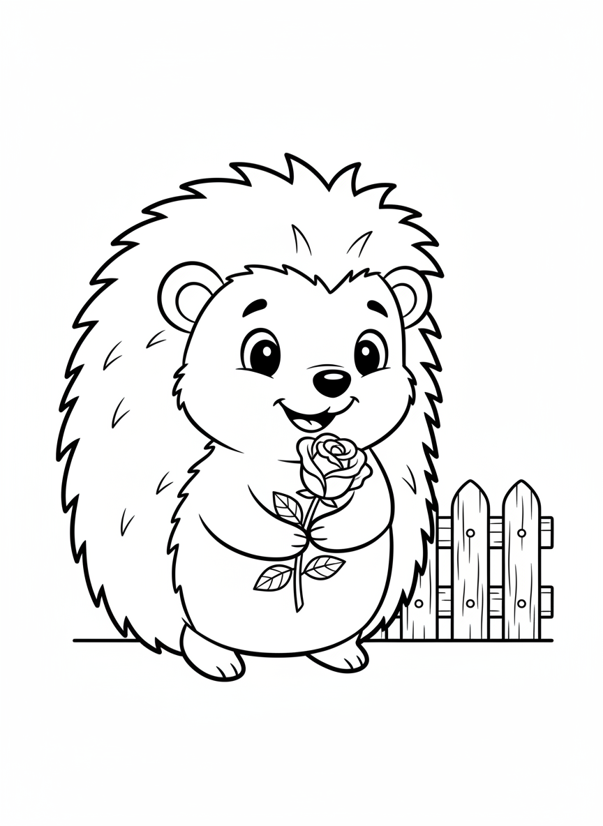 Hedgehog with Rose Coloring Page for Kids