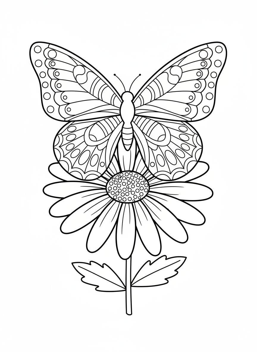 Intricate Butterfly on Daisy Coloring Page