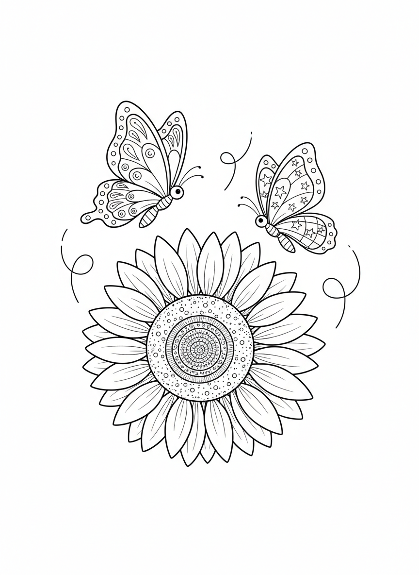 Joyful Butterflies & Sunflower Coloring Page