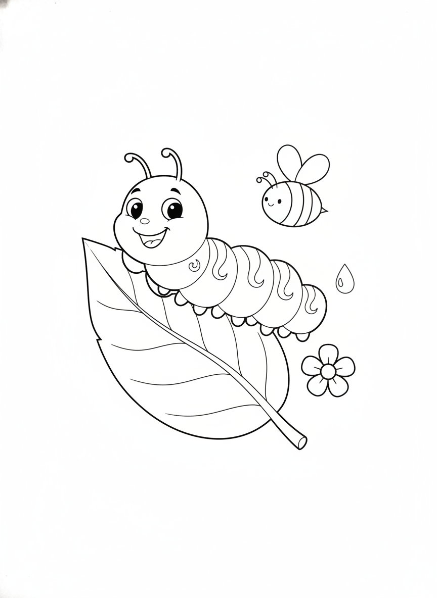 Joyful Caterpillar on a Leaf with Bee & Flower Coloring Page