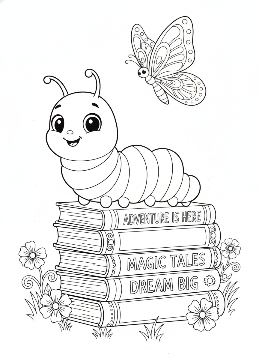 Joyful Caterpillar on Storybooks Coloring Page for Kids