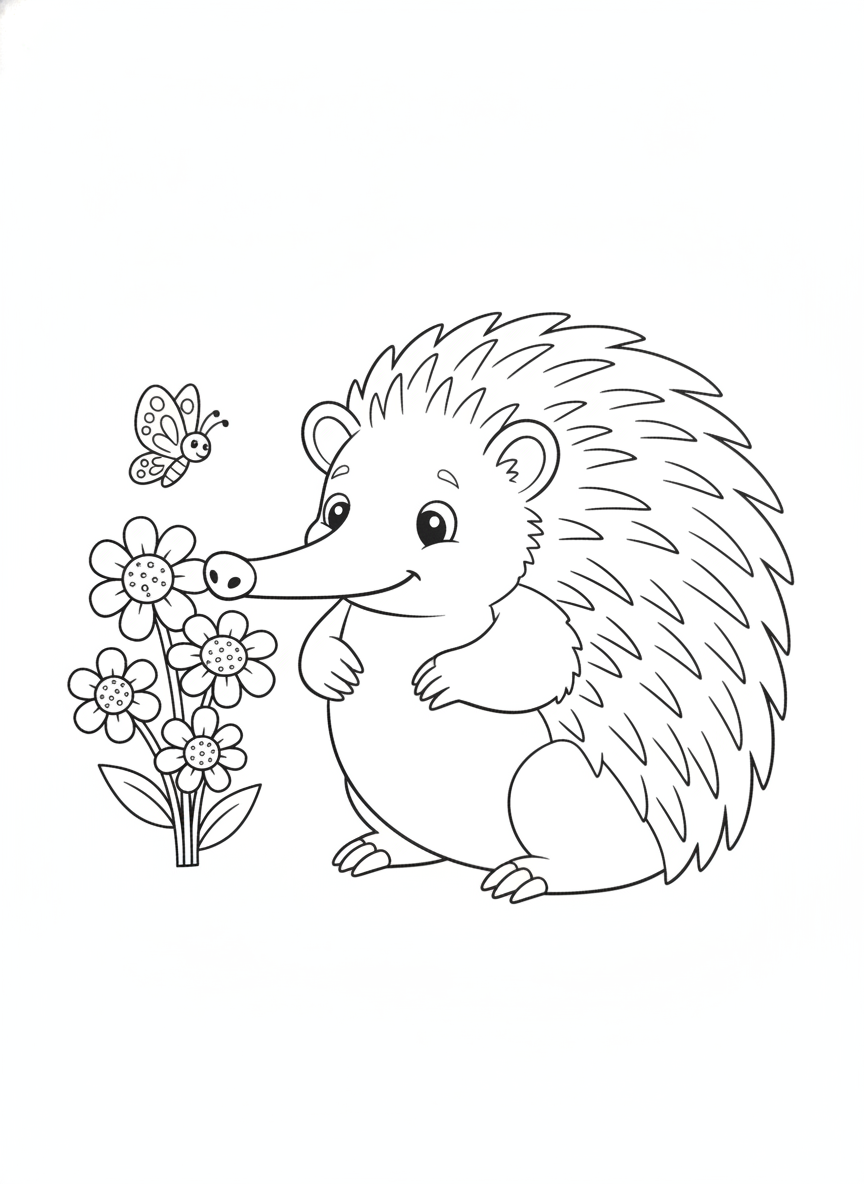 Joyful Echidna & Wildflowers Kids Coloring Page