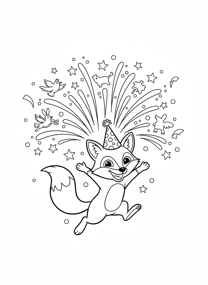Joyful Fox Party Leap Coloring Page