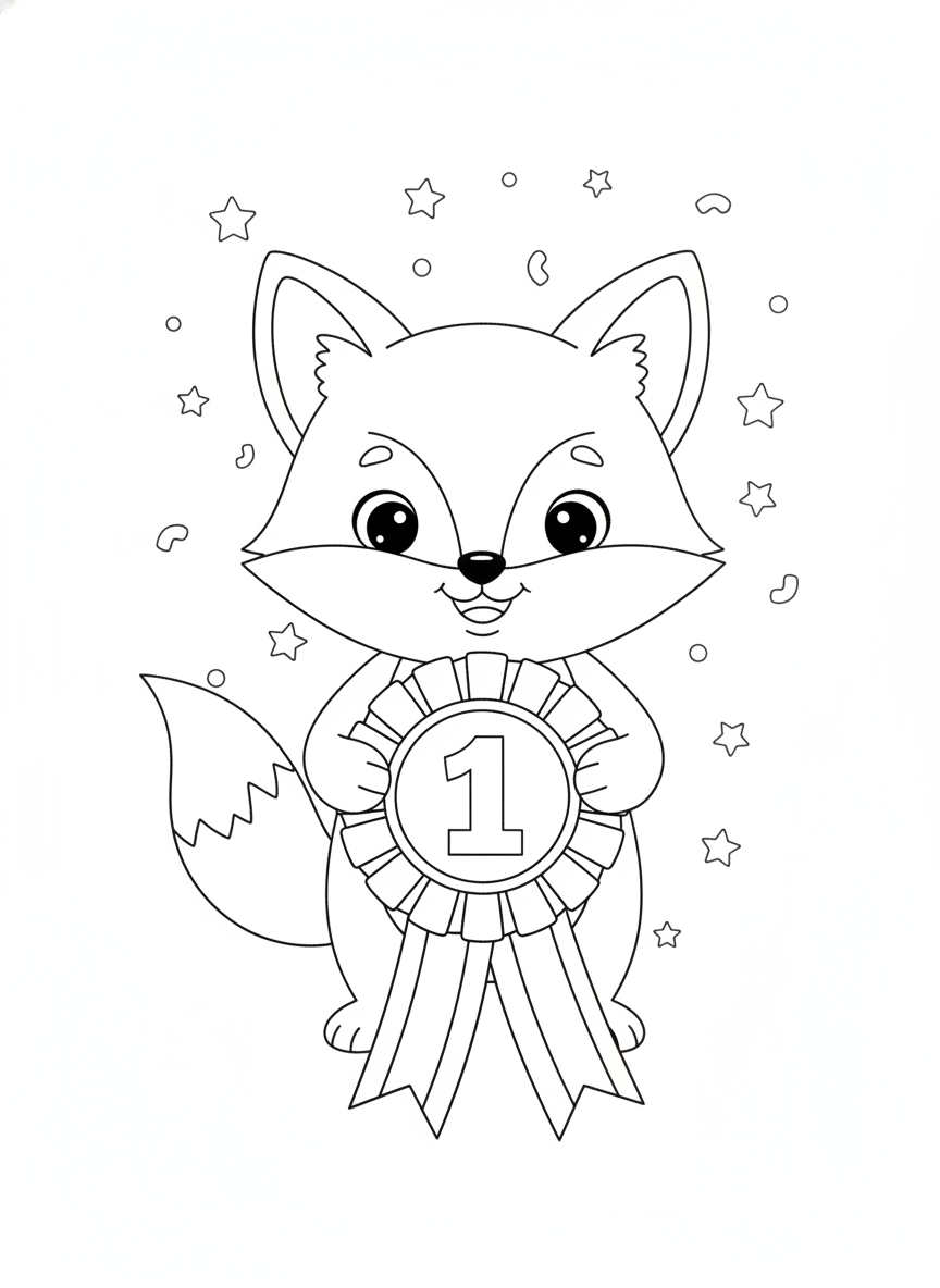 Joyful Fox with Medal Rosette Coloring Page for Kids