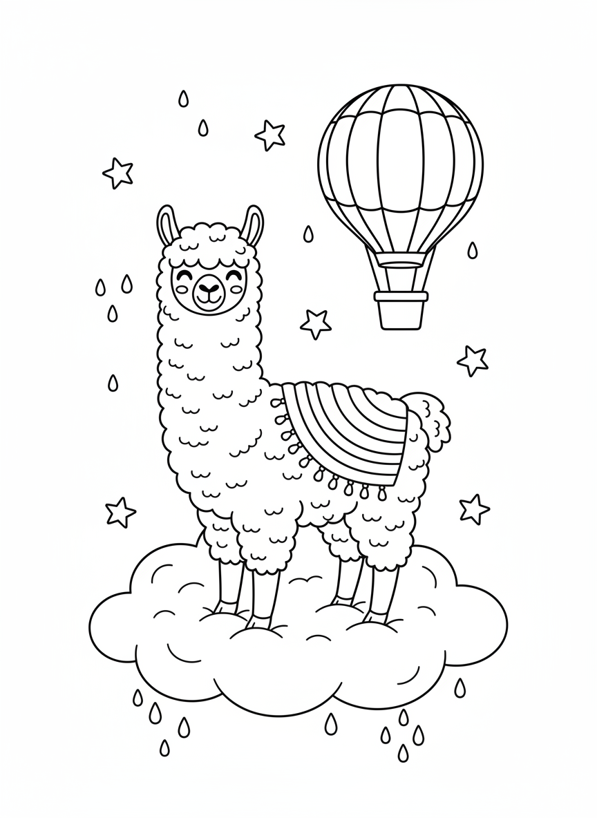 Joyful Rainbow Alpaca Hot Air Balloon Coloring Page