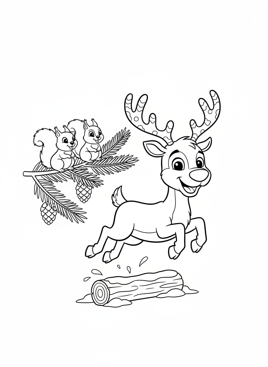 Jumping Reindeer & Cheerful Squirrels Coloring Page