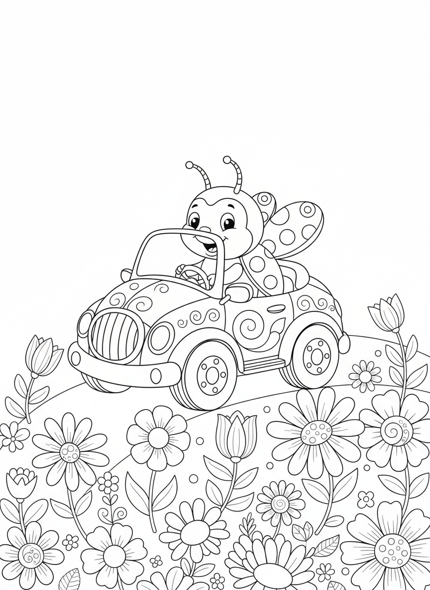Ladybug's Flower Drive Coloring Page