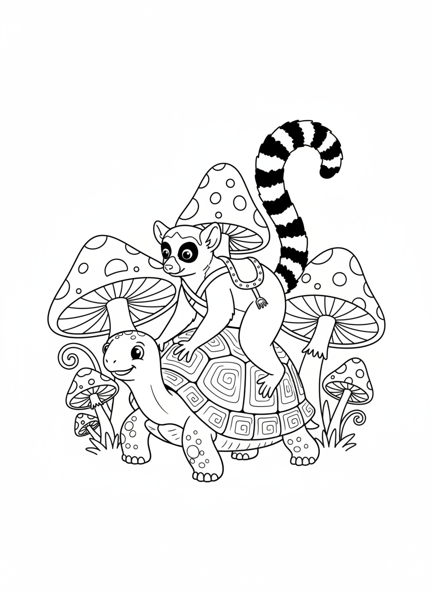 Lemur Riding Tortoise Coloring Page for Kids