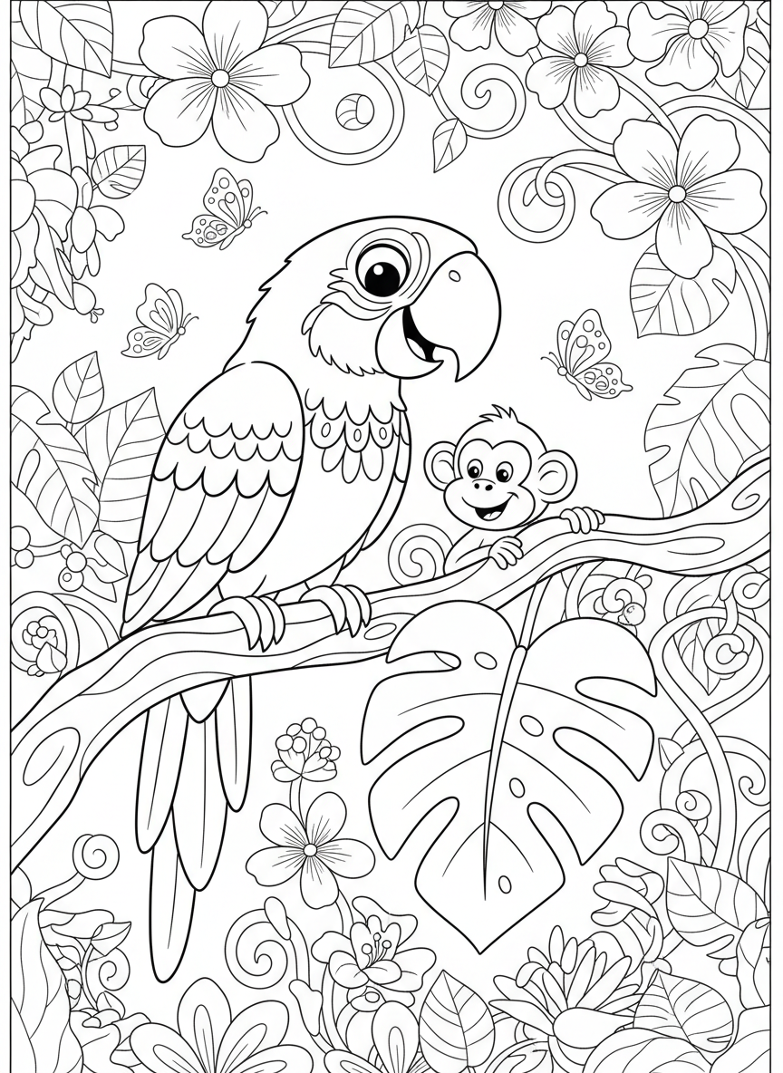 Macaw & Monkey Jungle Adventure Coloring Page