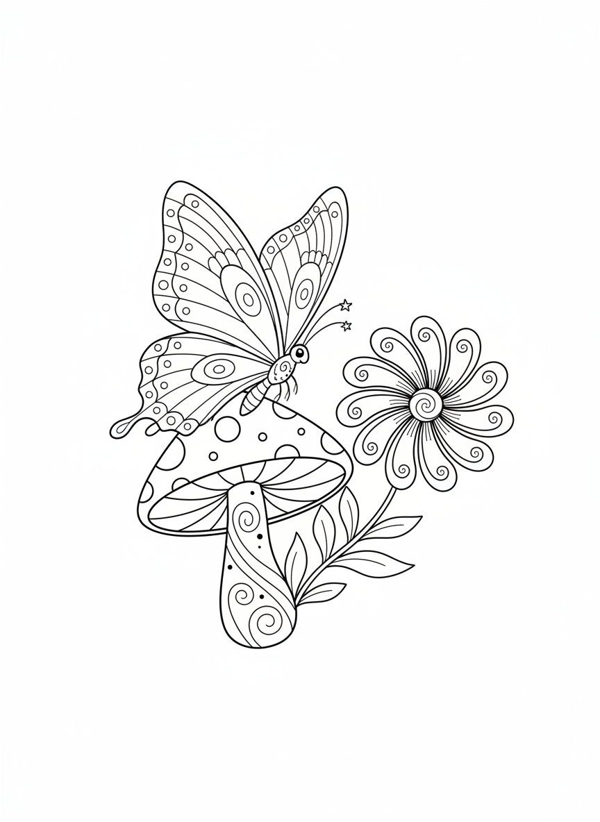 Magical Butterfly & Mushroom Coloring Page