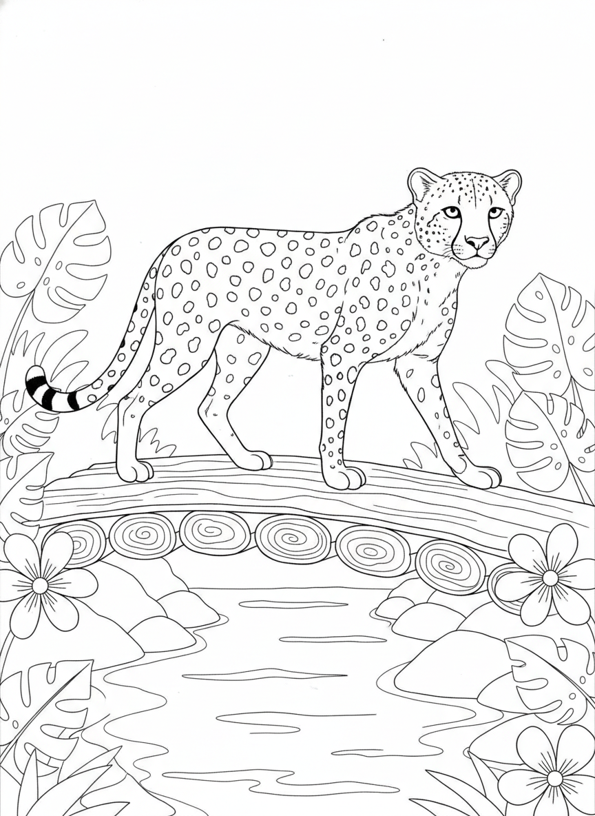Majestic King Cheetah on a Log Bridge Coloring Page for Kids