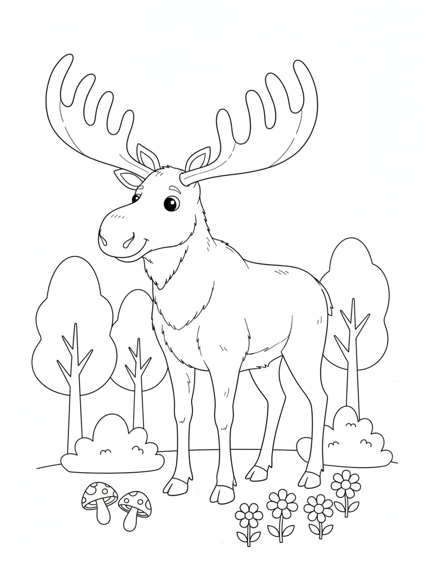 Majestic Moose in Forest Coloring Page for Kids