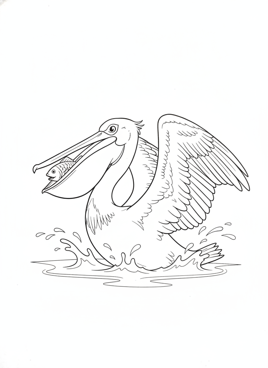 Majestic Pelican Catches Fish - Ocean Wildlife Coloring Page