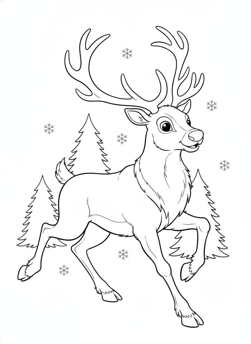Majestic Reindeer in Snowy Run Coloring Page for Kids