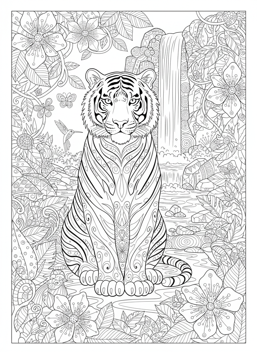 Majestic Tiger in Lush Jungle Coloring Page for Kids