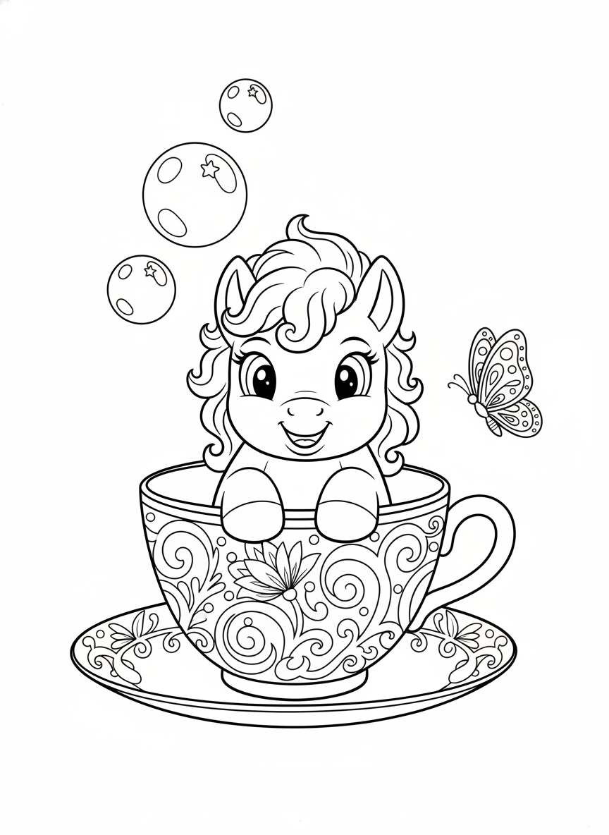 Mischievous Baby Pony in Teacup Coloring Page